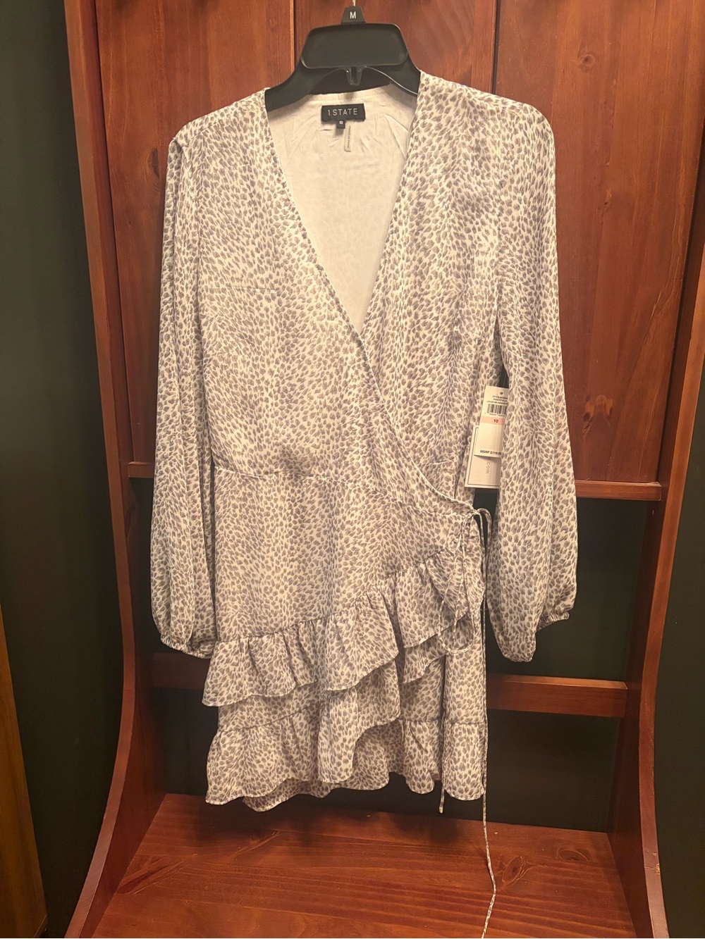 1. State Light Gray Animal Print Wrap Dress with Ruffle Hem